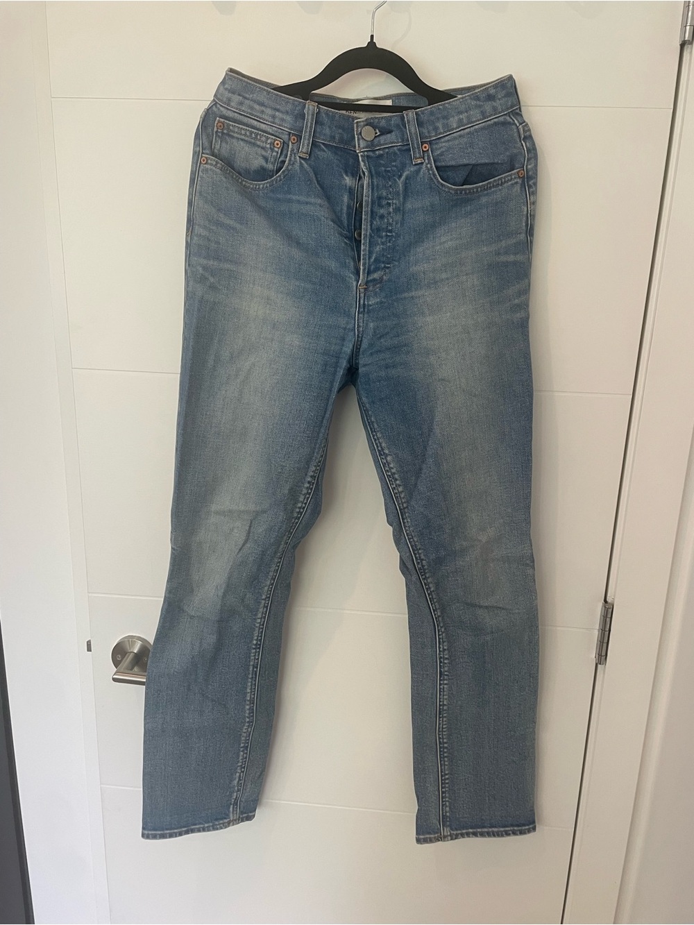 Denim Forum Straight-Leg Midwash Jeans with Leather Patch - Picture 3 of 6